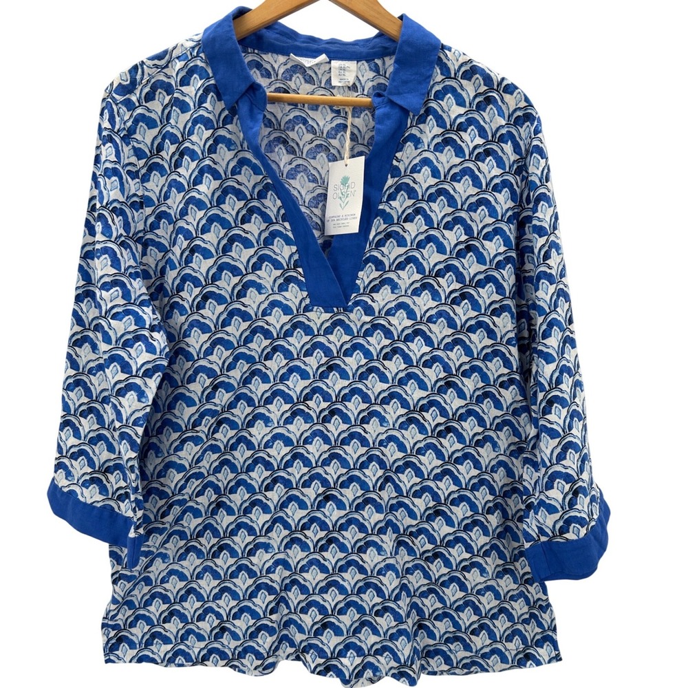 NWT Sigrid Olsen Linen Blue White Scallop Print‎ V-Neck Tunic Top XL Resort Vaca